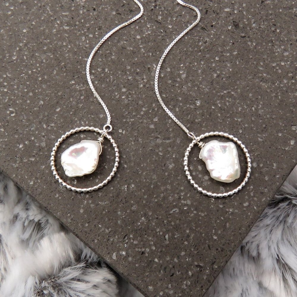 Keshi Pearl Threader Earrings with Beaded Hoops in 925 Sterling Silver